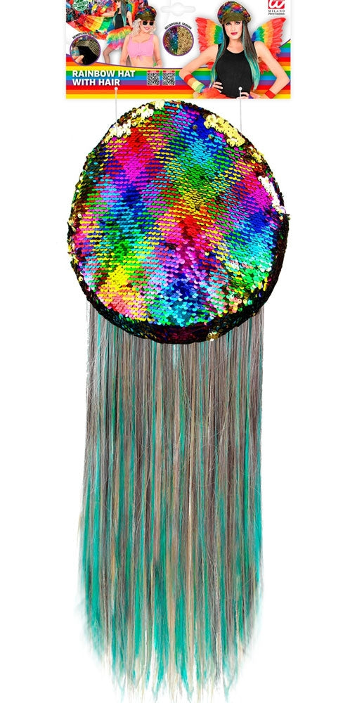 Rainbow Rocker Paillettenmütze mit Haarteil - 2