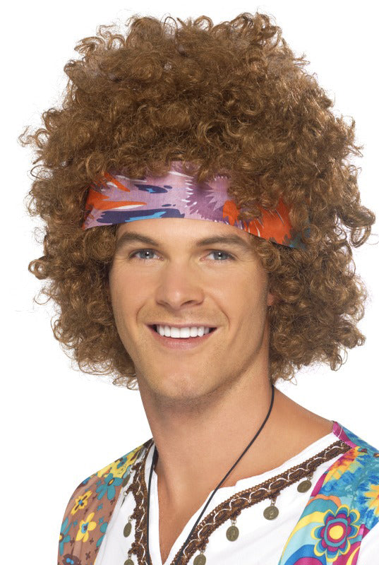 Hippie Afro Perücke braun mit Stirnband - 1